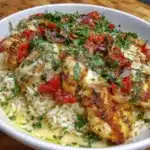 A colorful Greek Chicken Bowl with fresh vegetables and herbs