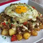 Ground Beef Potato Hash served in a skillet with fresh herbs