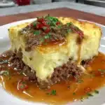 A hearty serving of Ground Beef Shepherd's Pie topped with golden mashed potatoes.