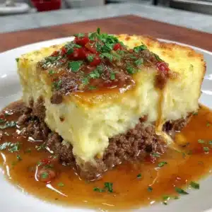 A hearty serving of Ground Beef Shepherd's Pie topped with golden mashed potatoes.