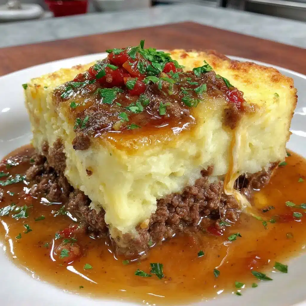 A hearty serving of Ground Beef Shepherd's Pie topped with golden mashed potatoes.