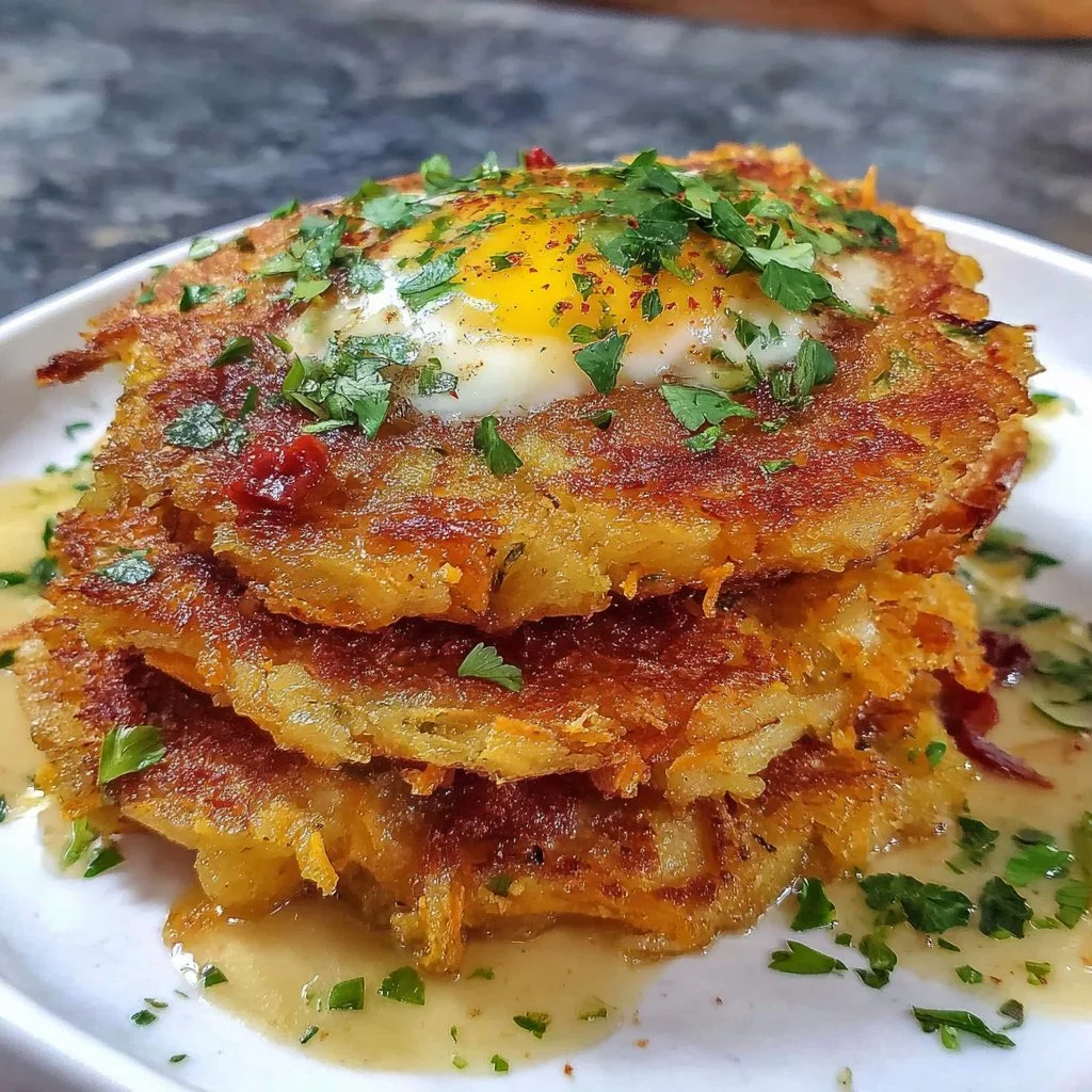 Healthy sweet potato hash browns served with avocado and herbs