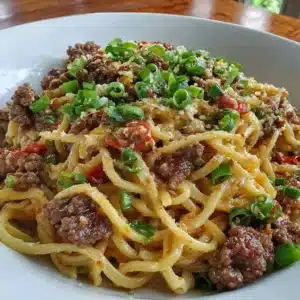 High protein ground beef Mongolian noodles dish with vibrant vegetables
