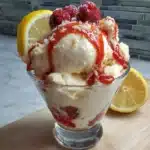 Delicious Lemon Raspberry Fluff dessert garnished with raspberries and lemon zest