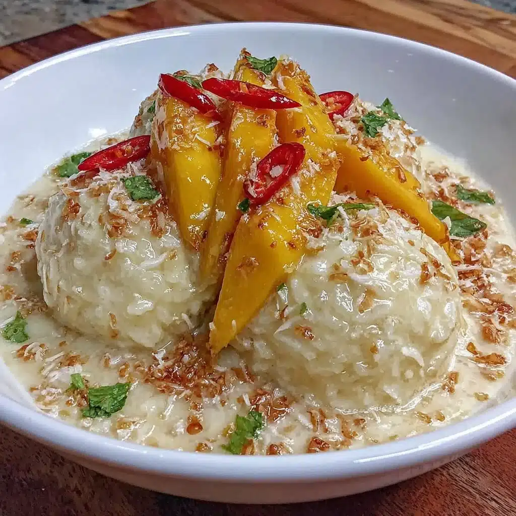 Delicious mango sticky rice dessert with ripe mango and coconut sauce.