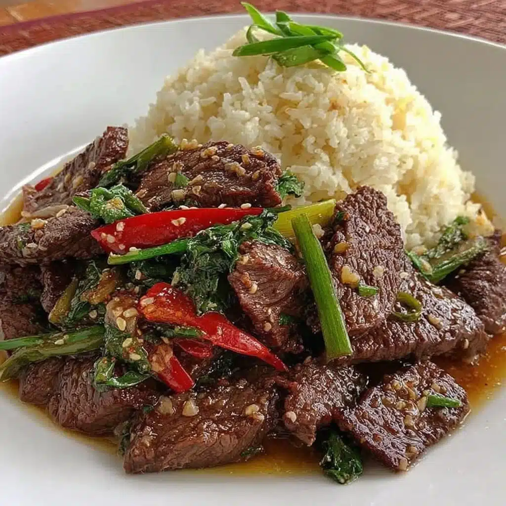 Plate of Mongolian Beef served with vegetables and rice