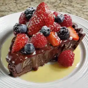 No Bake Chocolate Berry Tart topped with fresh berries, gluten-free and vegan dessert
