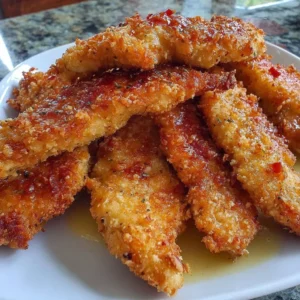No breading chicken tenders cooked in an air fryer, served on a plate.