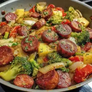 Delicious one-pan honey garlic kielbasa with colorful veggies