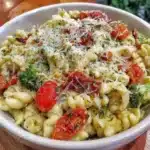 Simple gluten free pasta salad with fresh vegetables and vinaigrette dressing