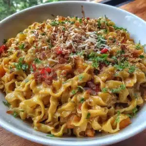 Bowl of spicy peanut butter noodles garnished with herbs and vegetables