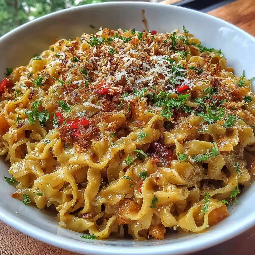 Bowl of spicy peanut butter noodles garnished with herbs and vegetables