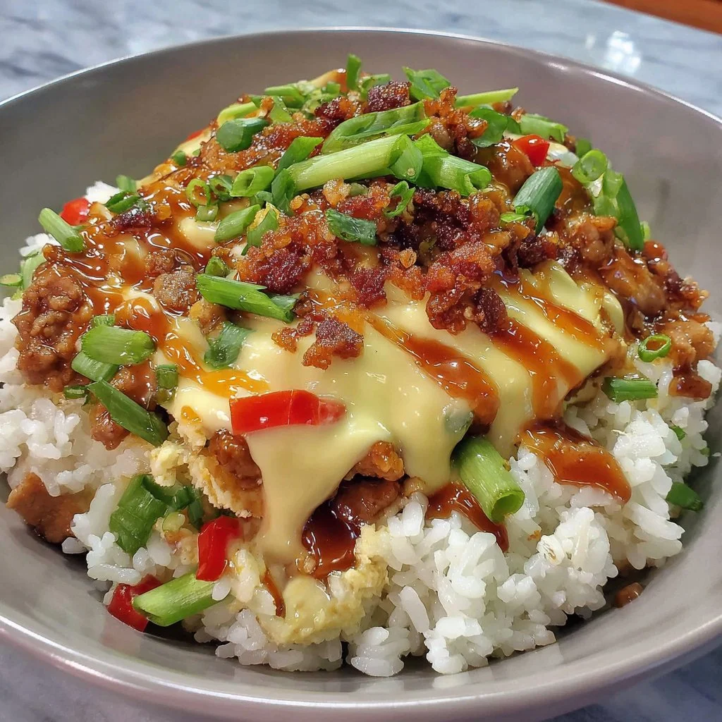 A delicious Teriyaki Turkey Rice Bowl garnished with green onions and sesame seeds.