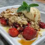 Delicious triple berry crisp dessert topped with a golden oat crumble