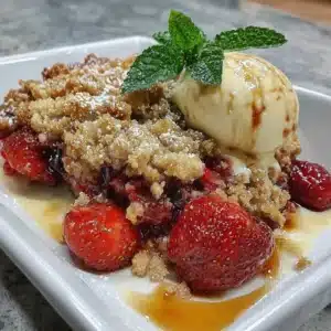 Delicious triple berry crisp dessert topped with a golden oat crumble