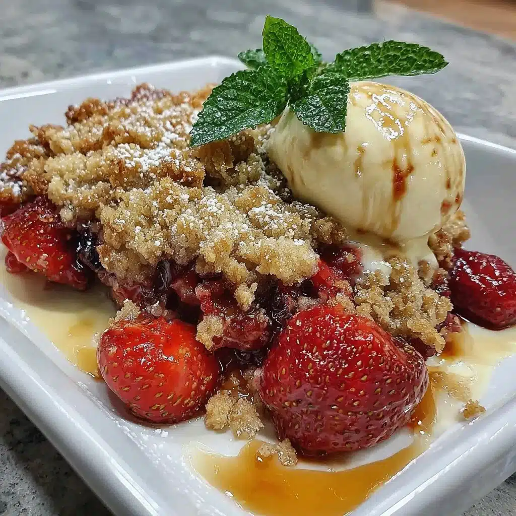 Delicious triple berry crisp dessert topped with a golden oat crumble
