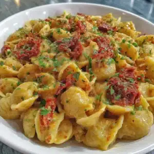 Vegan creamy sun-dried tomato pasta with basil and vegan cheese.
