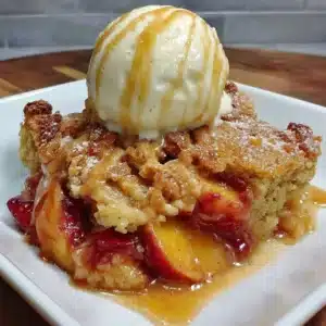 Delicious vegan peach cobbler topped with fresh peaches and a golden crust