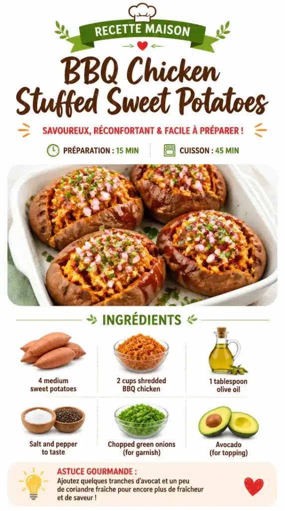 BBQ chicken stuffed sweet potatoes served on a plate with fresh herbs.