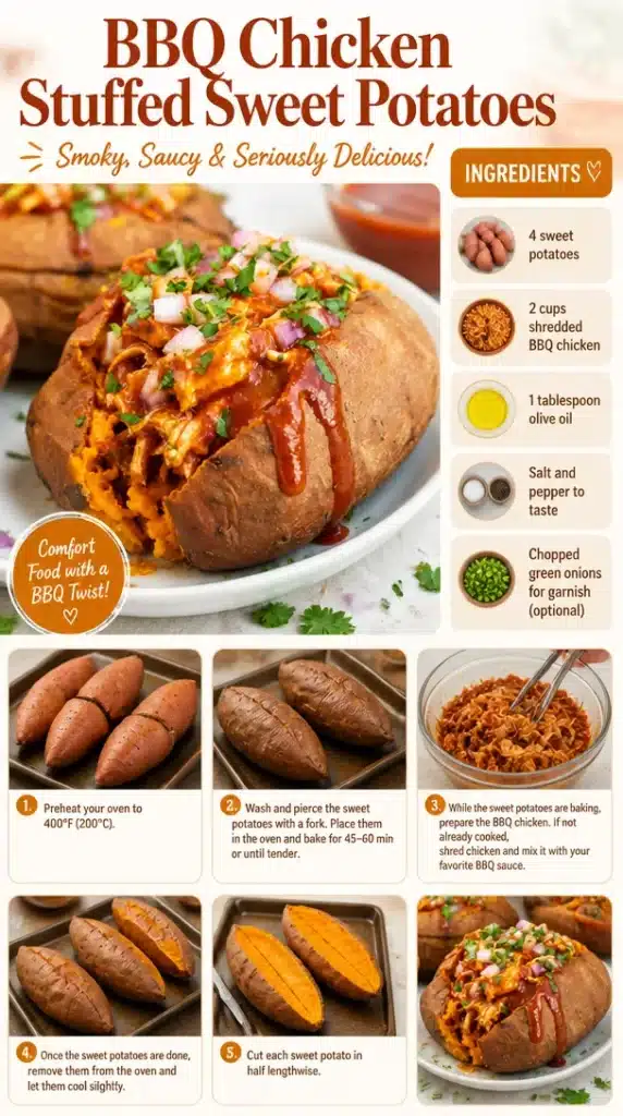 BBQ chicken stuffed sweet potatoes topped with fresh herbs and barbecue sauce