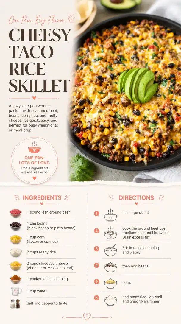 Cheesy Taco Rice Skillet with melted cheese, rice, and taco toppings