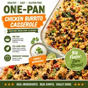 Delicious Chicken Burrito Casserole topped with cheese and fresh ingredients