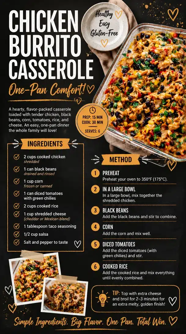 Delicious Chicken Burrito Casserole with layers of chicken, cheese, and spices