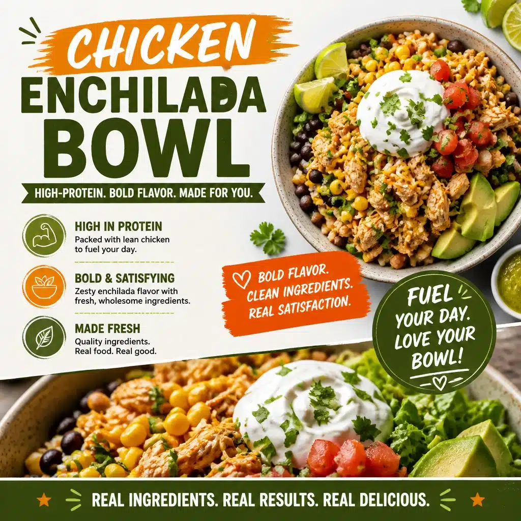Delicious chicken enchilada bowl with fresh toppings and vibrant colors.