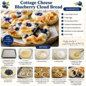 Cottage Cheese Blueberry Cloud Bread fresh out of the oven, fluffy and healthy.