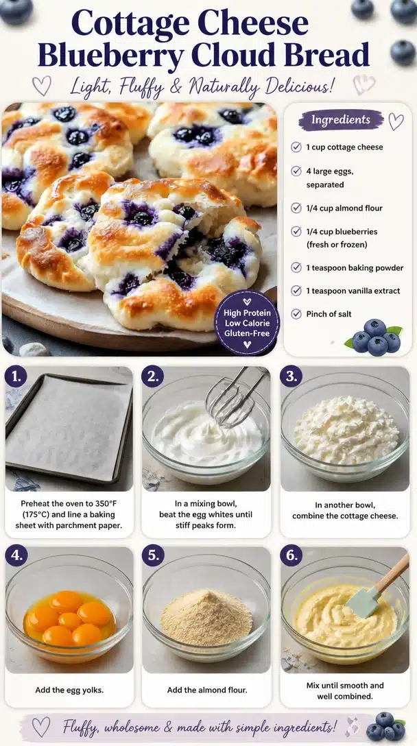 A slice of Cottage Cheese Blueberry Cloud Bread on a plate with fresh blueberries.