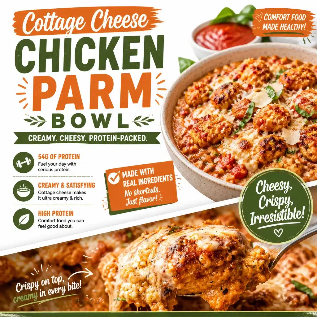 Cottage Chicken Parm Bowl with cheese and marinara sauce served in a bowl