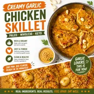 Creamy garlic chicken skillet dish, suitable for Paleo, Whole30, and Keto diets
