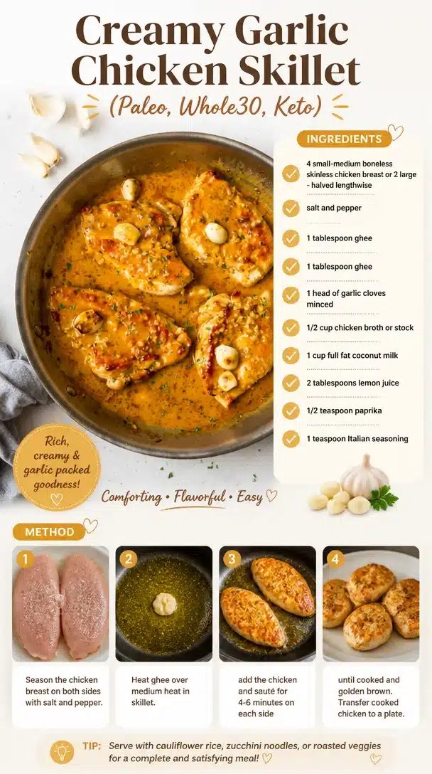 Creamy garlic chicken skillet dish with fresh herbs and ingredients.