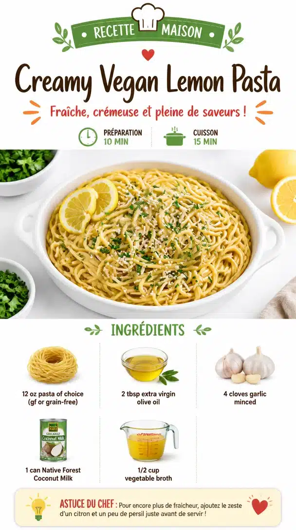 Bowl of creamy vegan lemon pasta with fresh herbs and lemon slices