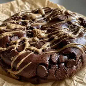 Gluten free chocolate cottage cheese cheesecake with rich chocolate topping.