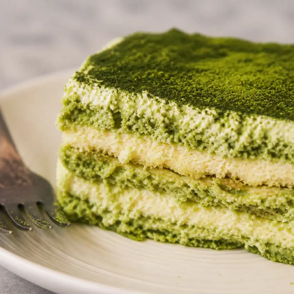 Gluten free matcha tiramisu with egg-free mascarpone filling and gluten-free sponge layers.