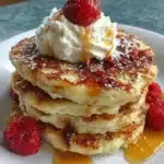 Flourless cottage cheese pancakes stacked with fresh berries