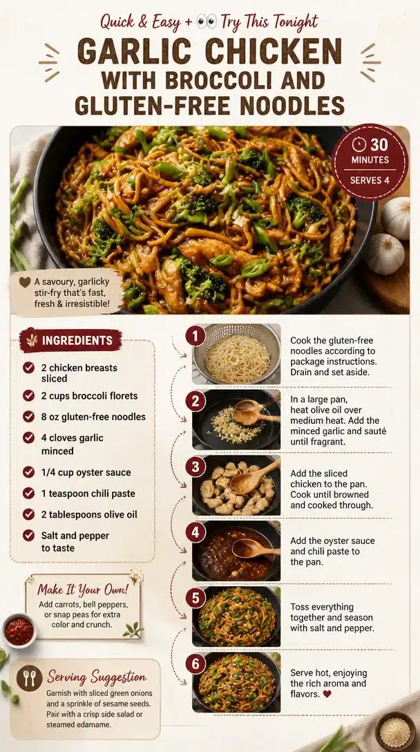 Garlic Chicken with Broccoli and Gluten-Free Noodles in a bowl