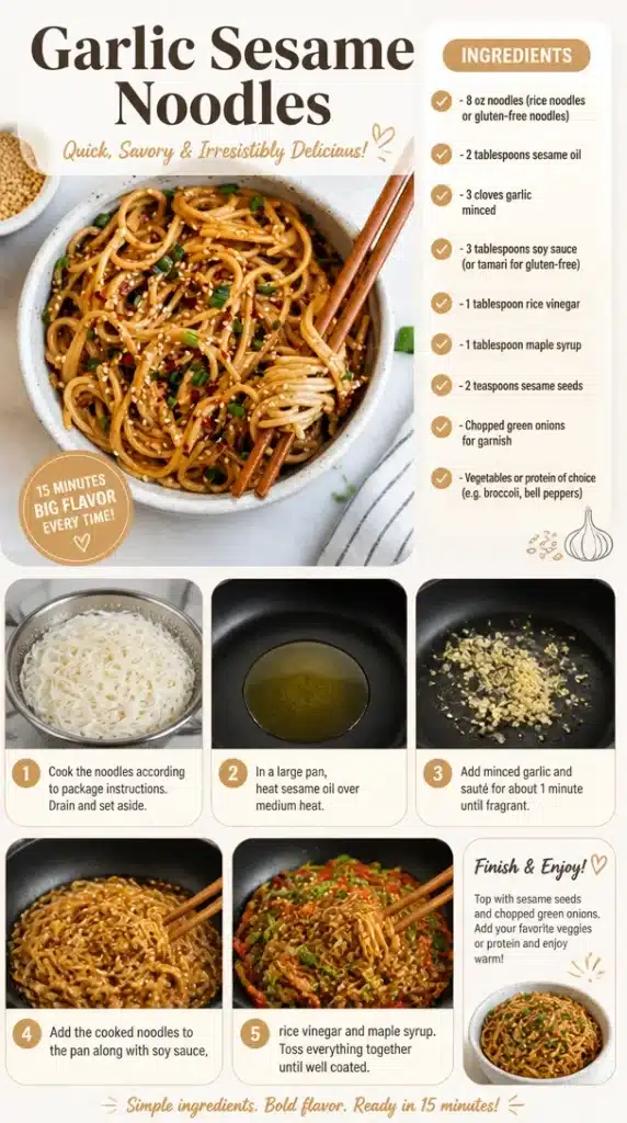 Bowl of Garlic Sesame Noodles garnished with scallions and sesame seeds