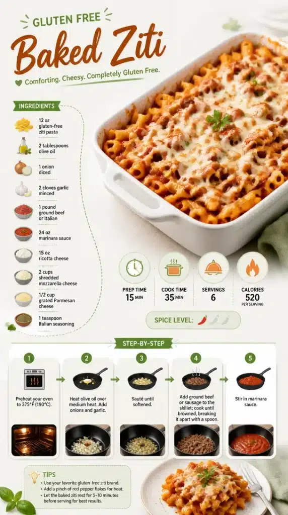 Gluten-free baked ziti with cheese and marinara sauce in a baking dish