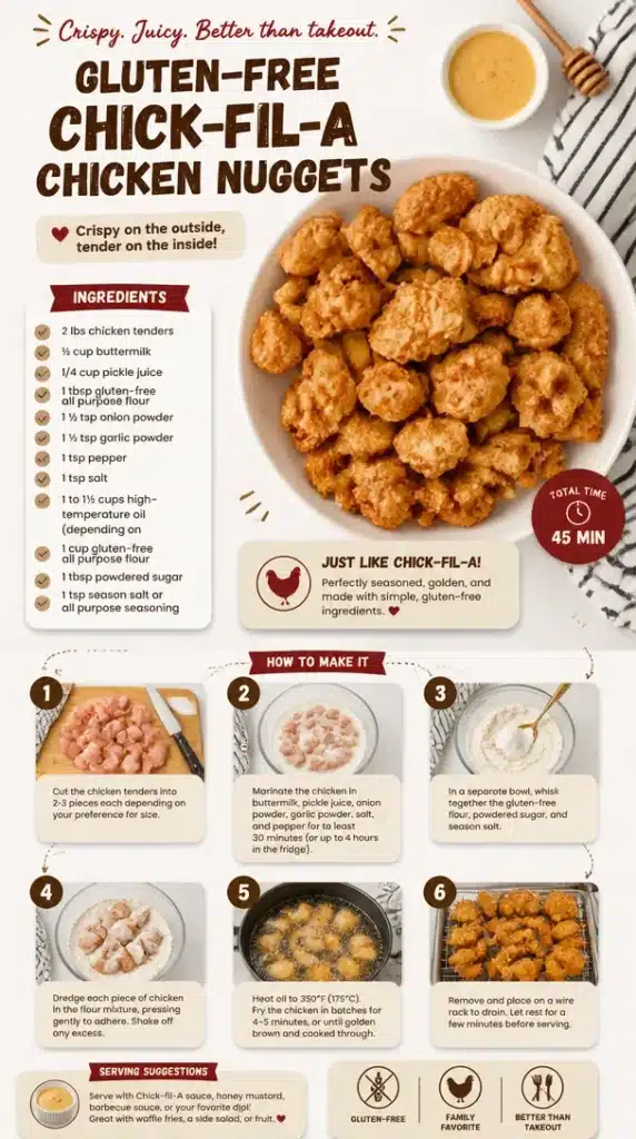 Delicious gluten-free chicken nuggets styled after Chick-fil-A's recipe