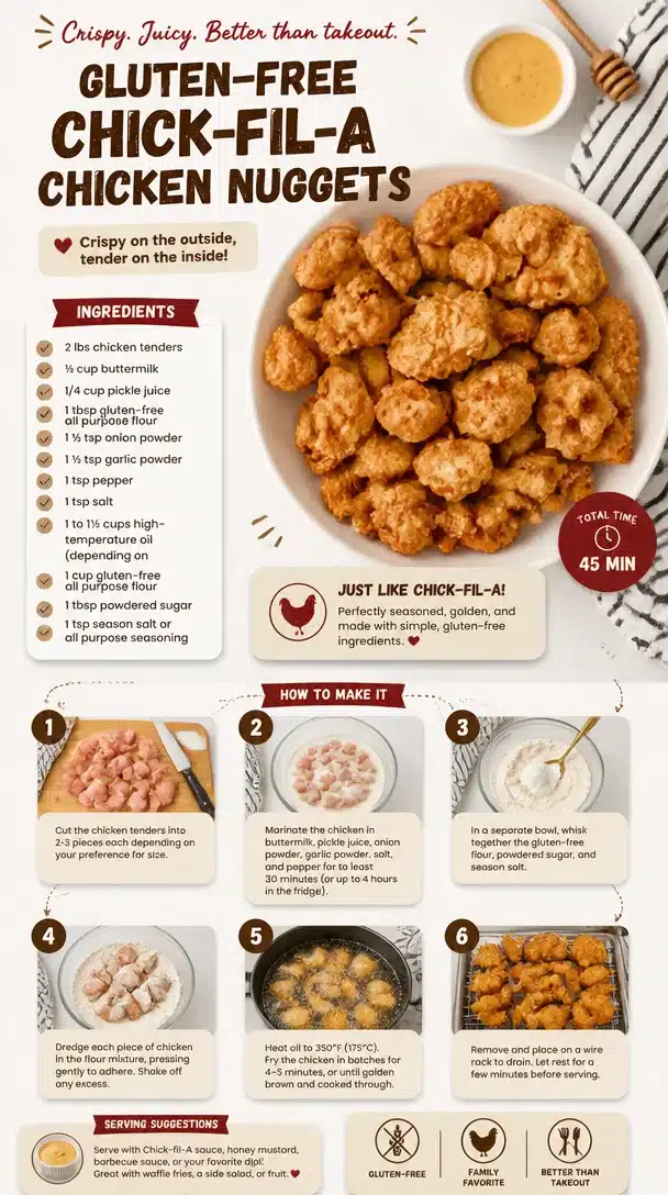 Delicious gluten-free chicken nuggets styled after Chick-fil-A's recipe