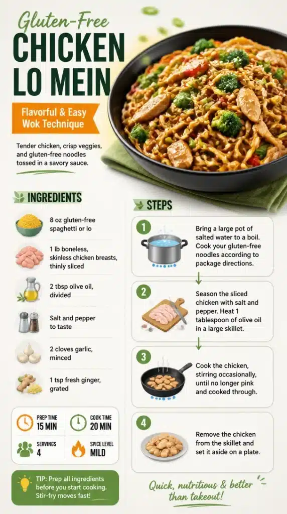Gluten-Free Chicken Lo Mein dish presented in a wok, vibrant noodles and vegetables