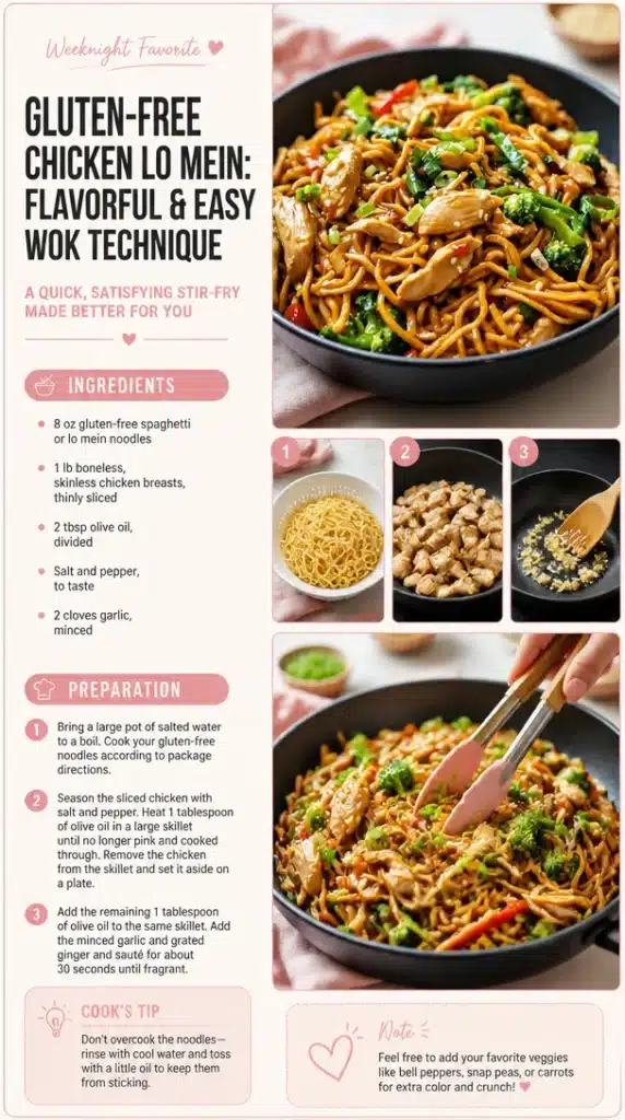 Delicious gluten-free chicken lo mein cooked with vibrant vegetables in a wok