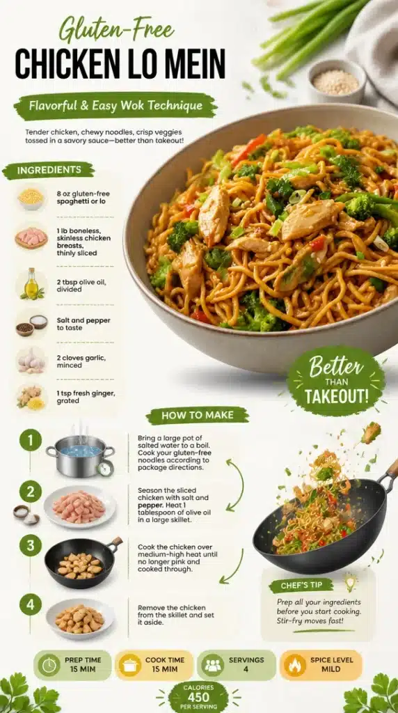 Gluten-free Chicken Lo Mein with colorful vegetables and flavorful sauce in a wok