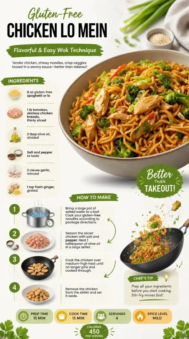 Gluten-free Chicken Lo Mein with colorful vegetables and flavorful sauce in a wok