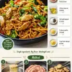 Delicious gluten-free chicken lo mein dish prepared using wok technique.