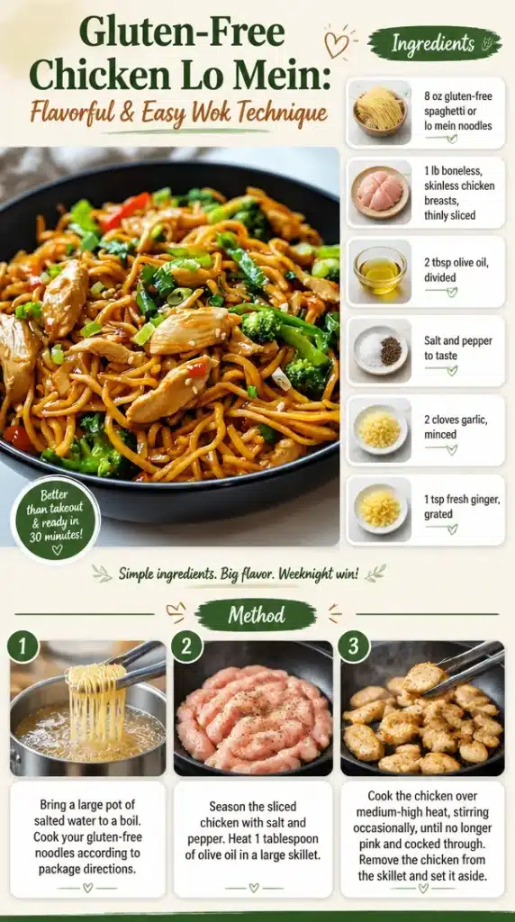 Delicious gluten-free chicken lo mein dish prepared using wok technique.