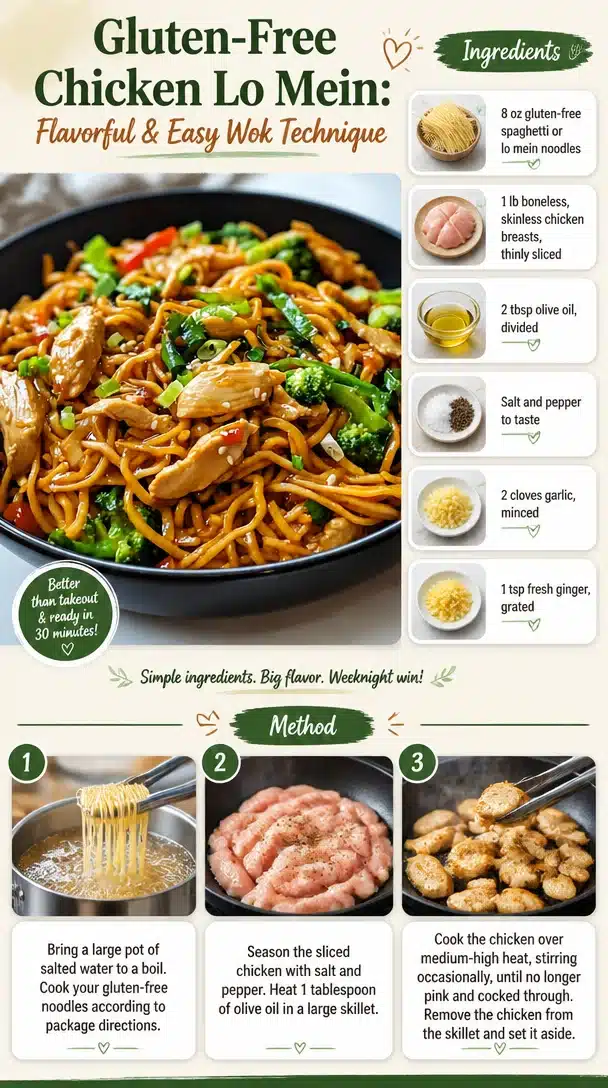 Delicious gluten-free chicken lo mein dish prepared using wok technique.