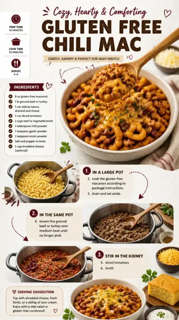 Delicious Gluten Free Chili Mac in a bowl garnished with cheese and herbs